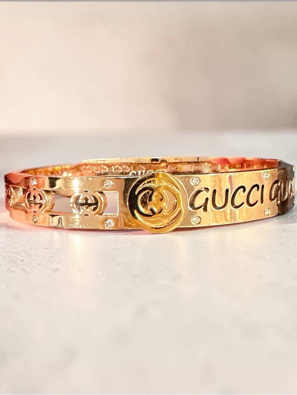 Stainless Steel Gold Tone Logo Crystal Cuff Bracelet Size 6.5- NEW